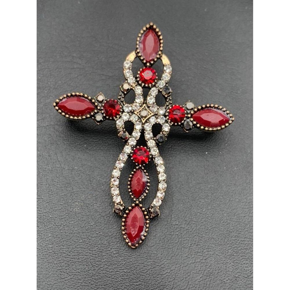 Gold Tone Red And Clear Rhinestone Cross Brooch / Pendant